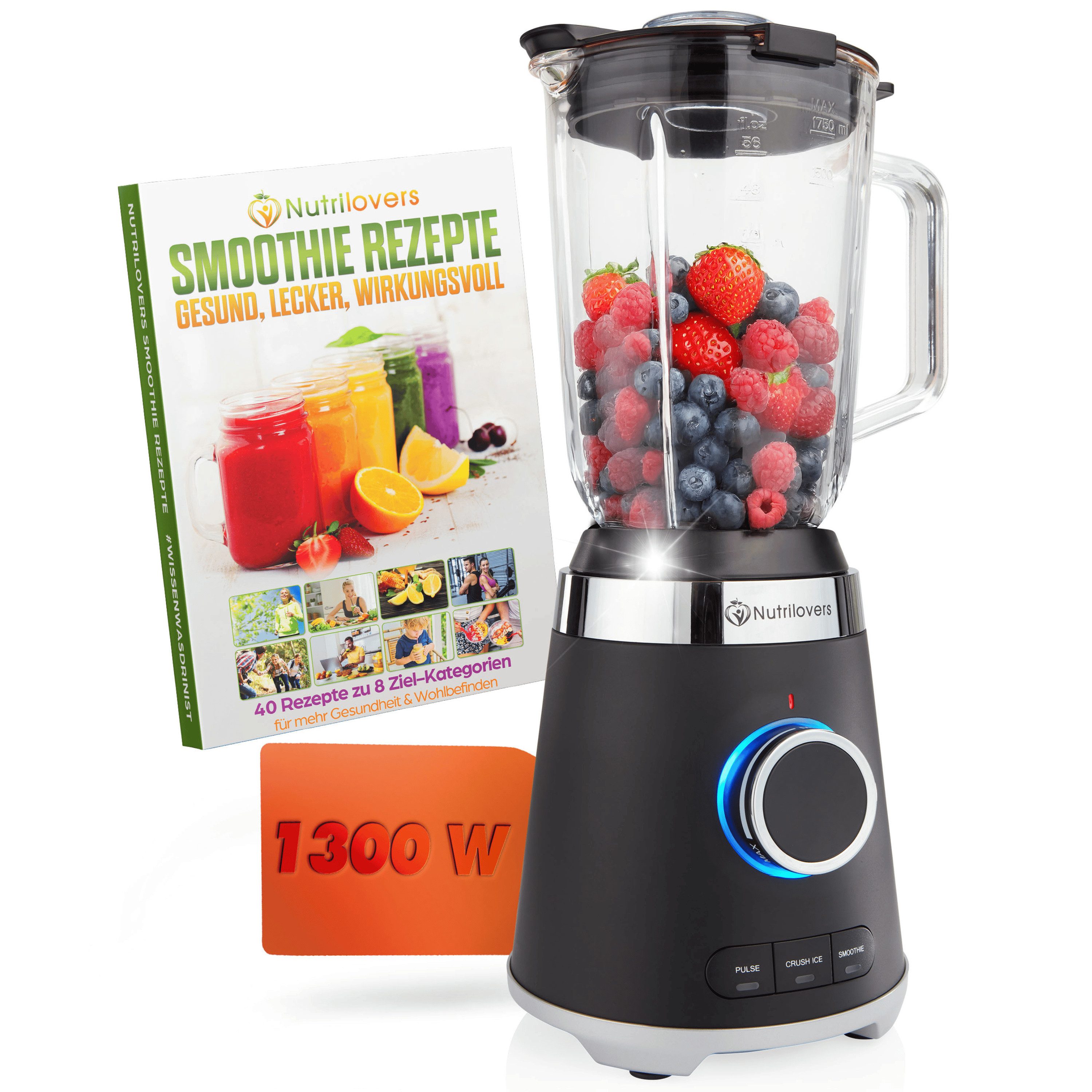 Nutrilovers Standmixer Glas Standmixer - Smoothies & Eis - Hitzebeständig - Küchenmaschine, 1300 W