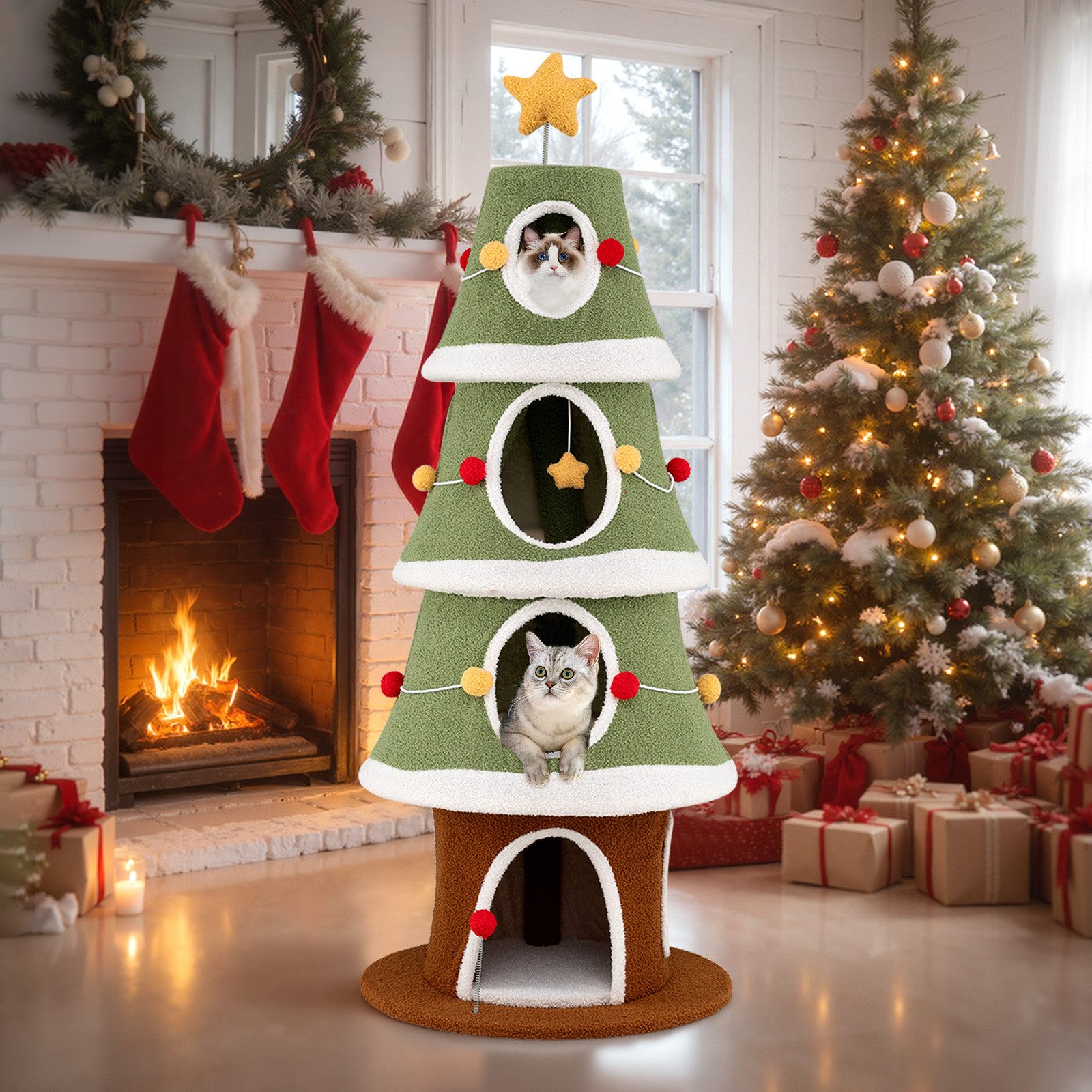 COSTWAY Kratzbaum, Katzenbaum, mit 4 Höhlen, Katzenmöbel Weihnachtsbaum, 154 cm