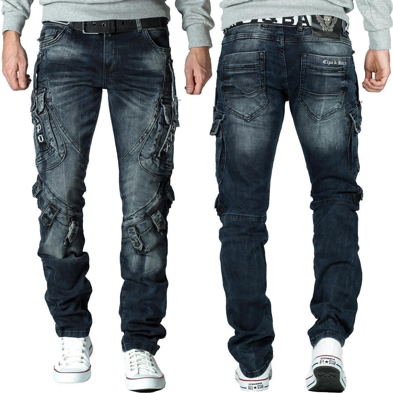 Herren Jeans Cipo & Baxx Regular-fit-Jeans BA-CD440 Freizeithose stonewashed Effekt Bikerstyle mit Seitentaschen