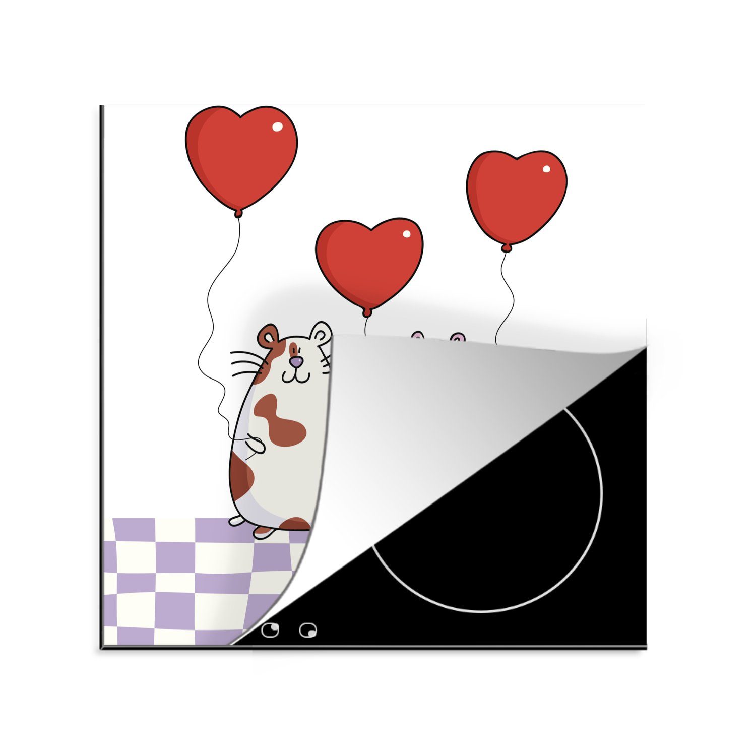 MuchoWow Herdblende-/Abdeckplatte Eine Illustration zwei Meerschweinchen mit Herz Ballons, Vinyl, (1 tlg), 78x78 cm, Ceranfeldabdeckung, Arbeitsplatte für küche