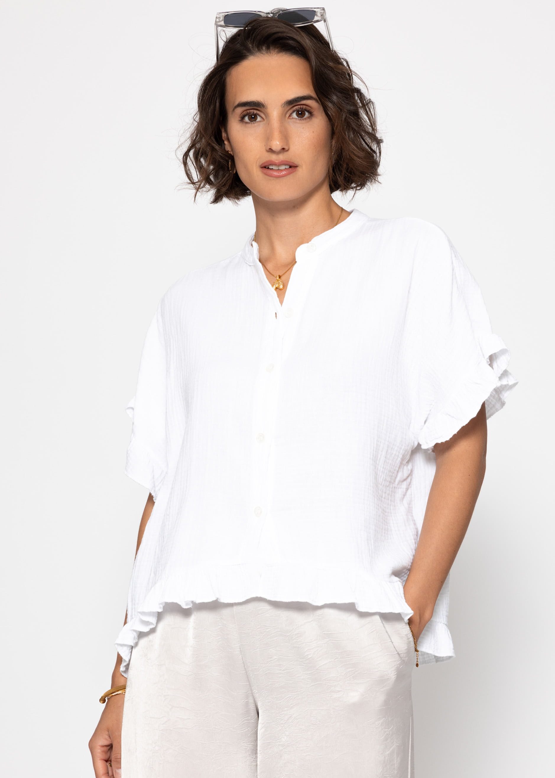 SASSYCLASSY Kurzarmbluse Oversize Musselin Hemdbluse Damen günstig online kaufen