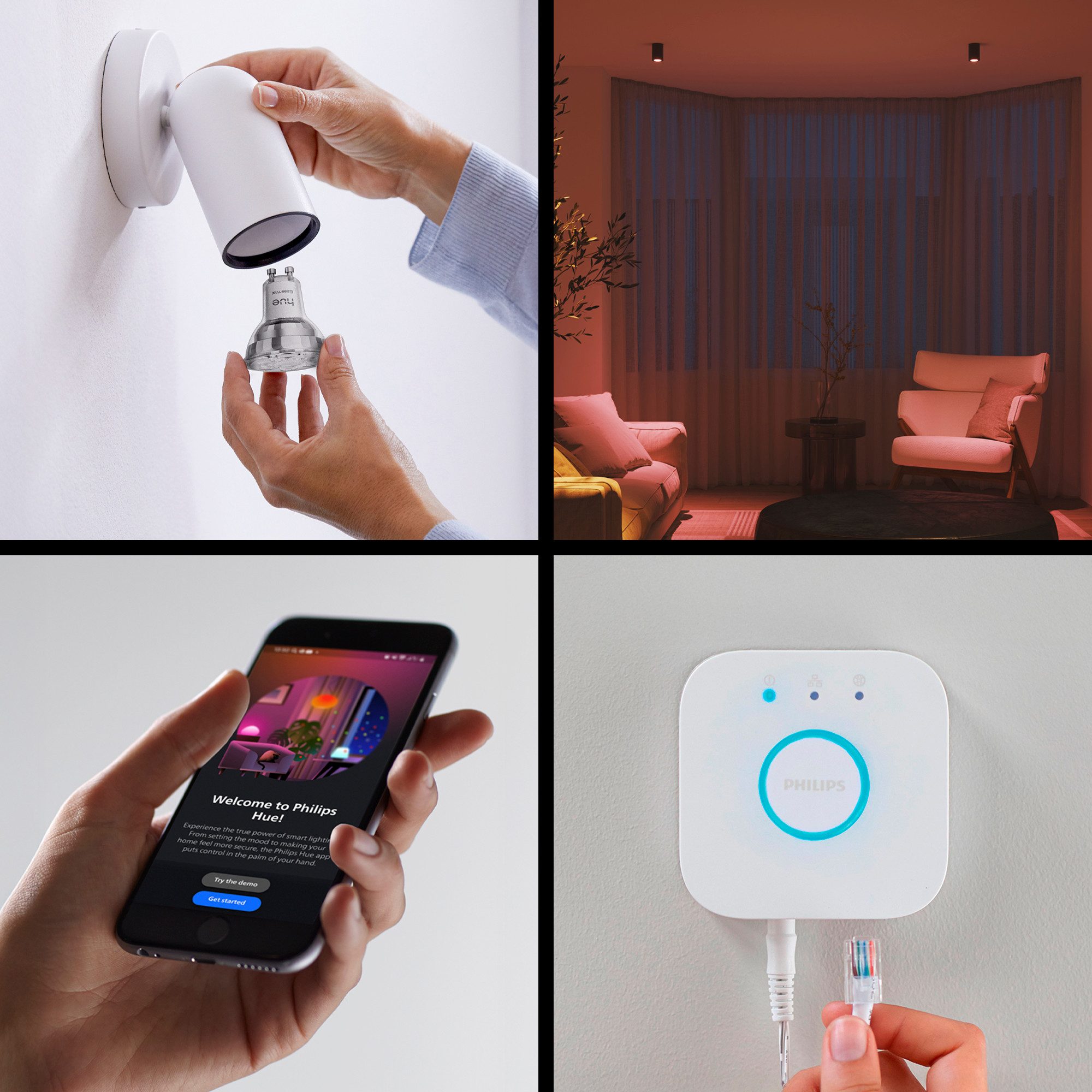 Philips Hue LED-Leuchtmittel Essential Starter Kit 3x White & Color Ambiance+Bridge+Dimmschalter, GU10, 5 St., Farbwechsler, inkl. Bridge