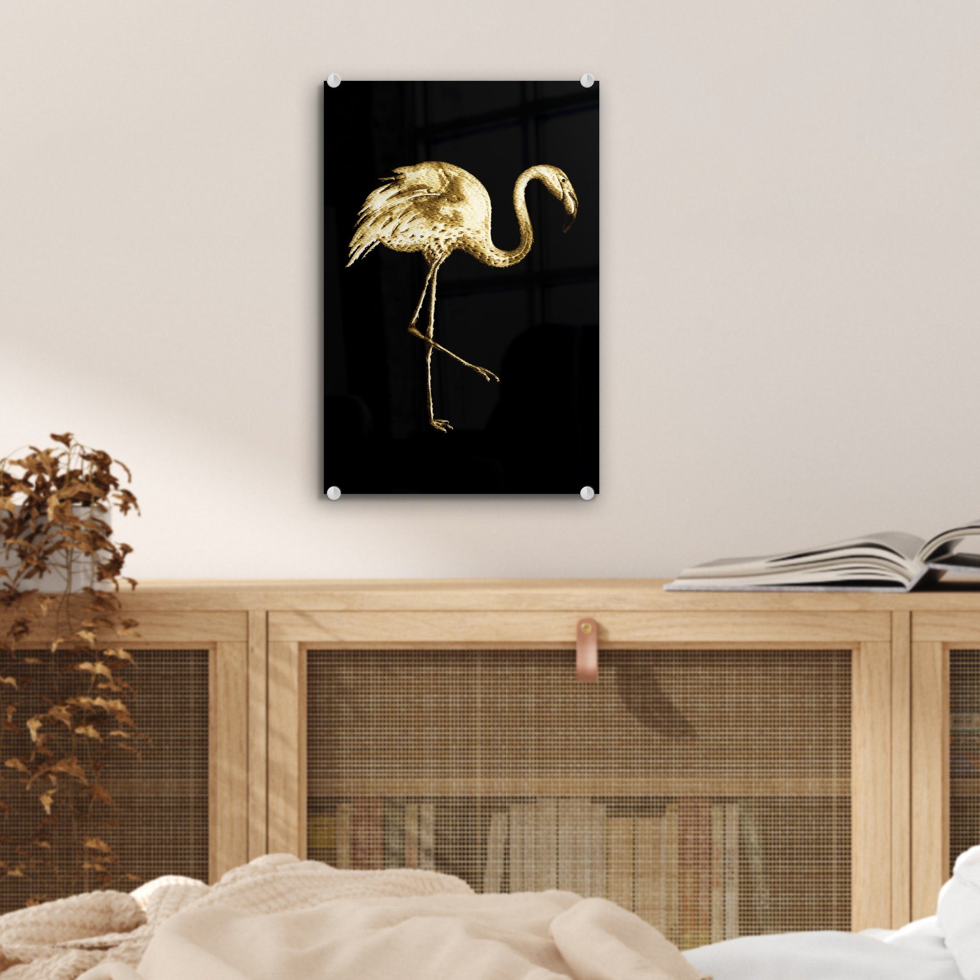Foto Bilder Gold Schwarz, - Wandbild (1 auf Glas St), - - - Wanddekoration - bunt Flamingo Glasbilder auf Acrylglasbild MuchoWow Glas