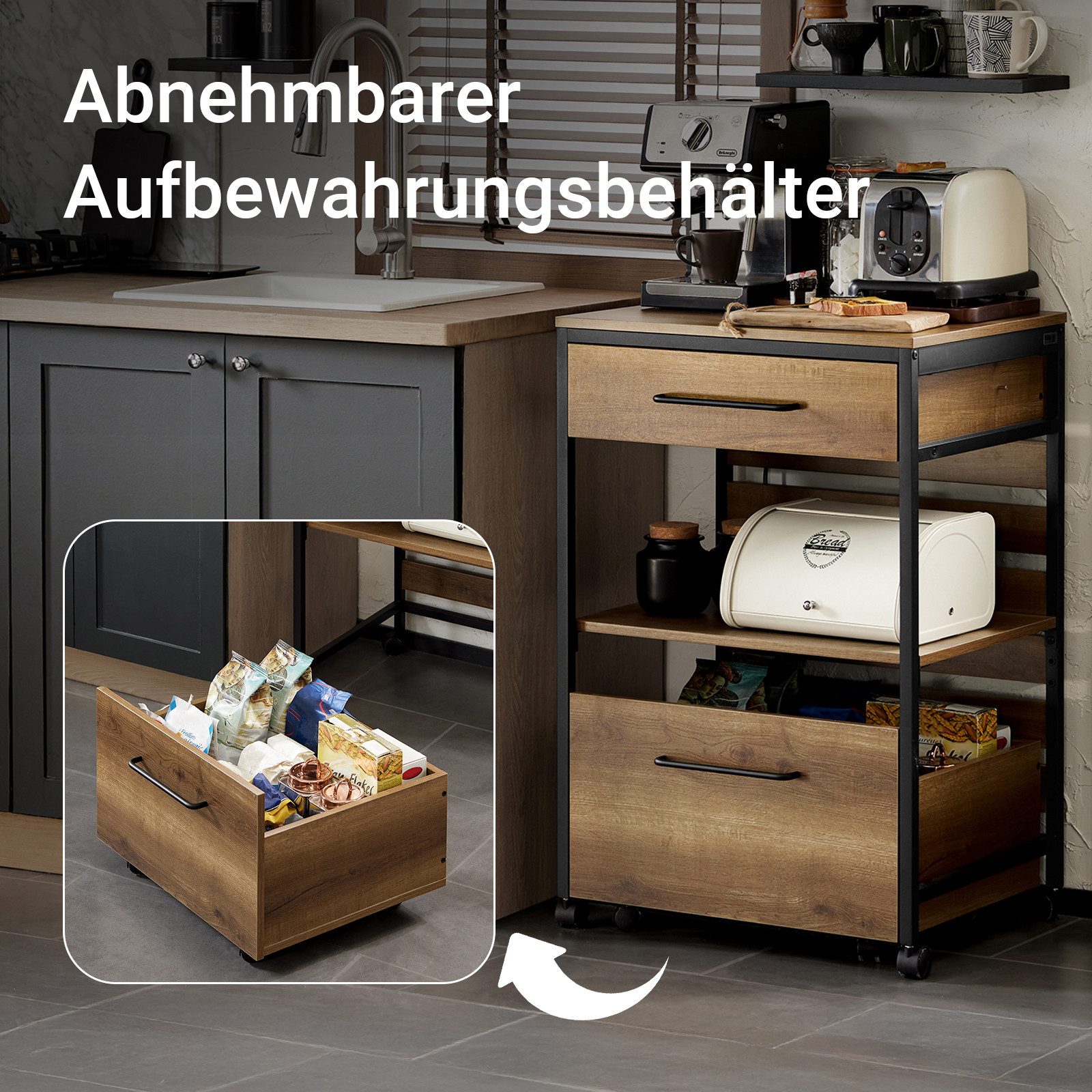 SoBuy Küchenwagen FKW118, Barwagen Kücheninsel schmal, Nischenwagen Beistelltisch, Servierwagen mit 1 herausnehmbarer Aufbewahrungstruhe Rollwagen