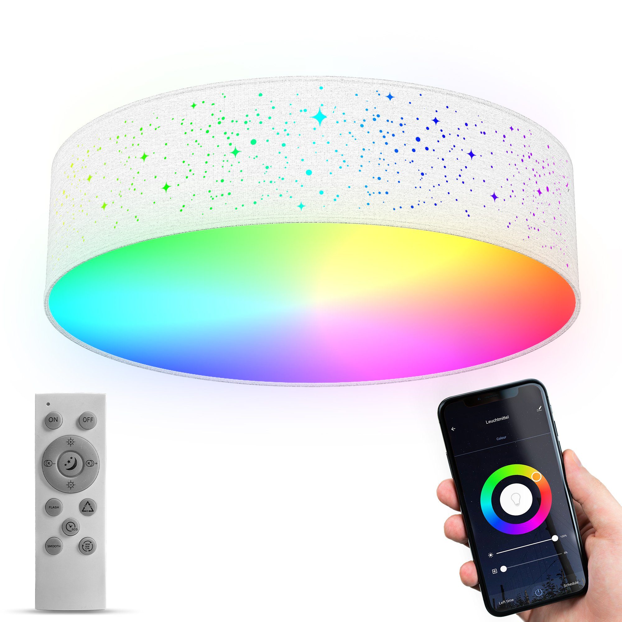 Farbwechsler, - App fest Deckenleuchte Fernbedienung Dimmbar Sternenhimmel RGB integriert, Stoffdeckenlampe BKL1477, LED B.K.Licht Dimmfunktion, CCT
