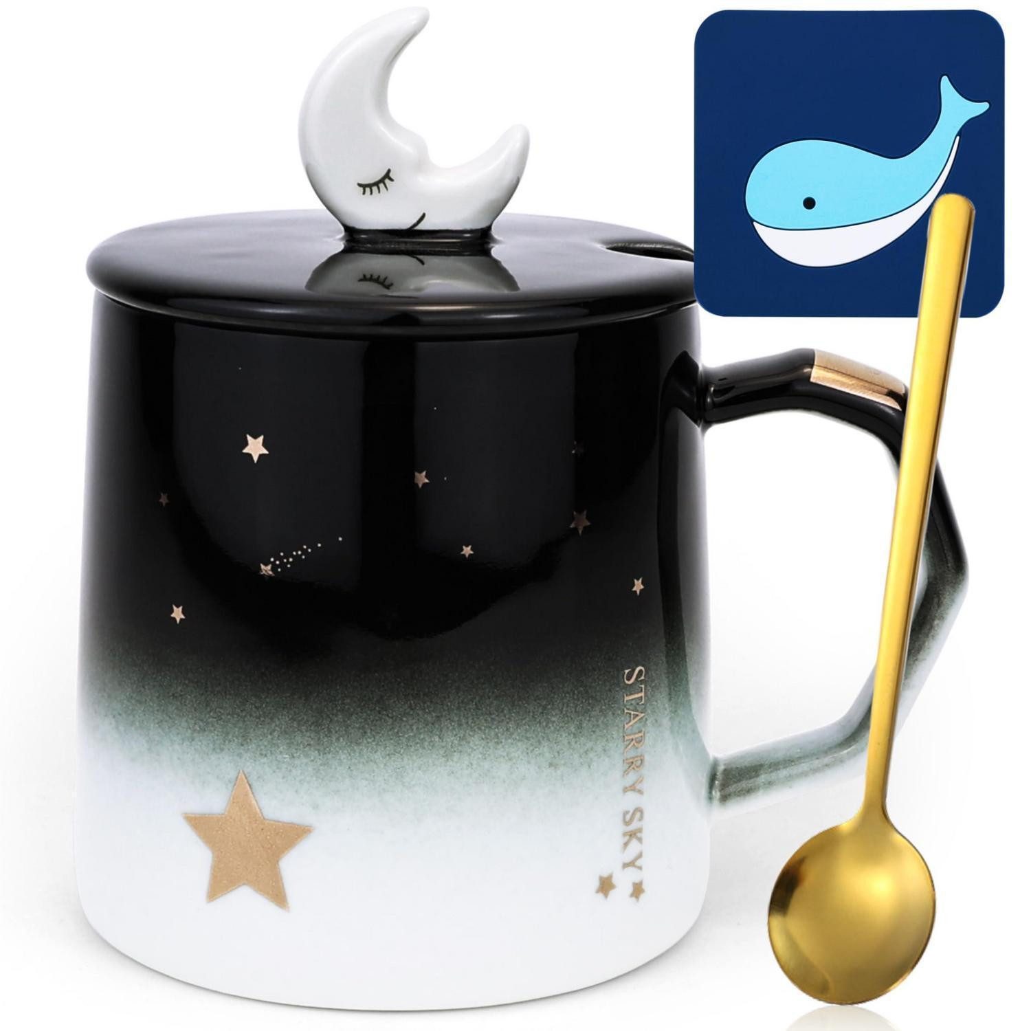 LuxusKollektion Tasse Tasse Stern Mond 420ml Pink mit Löffel & Untersetzer, Keramik