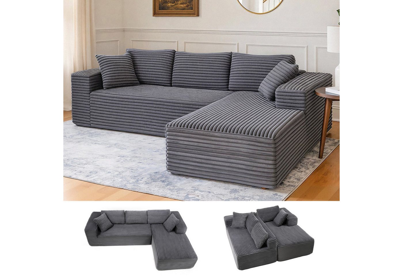 COMHOMA Sofa Big-Sofa, L-förmige Sofa, Couch Ecksofa, Chaiselongue Schlafsofa, mit tiefer Sitzfläche und breiten Armlehnen, Cordstoff