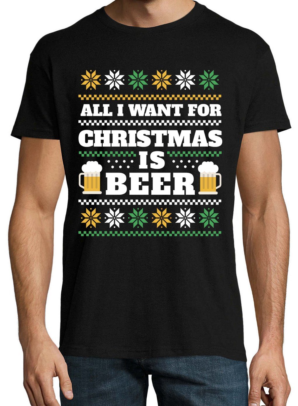I Herren Youth Bier Designz T-Shirt Schwarz IS mit Weihnachten CHRISTMAS lustigem & ALL Spruch WANT Print-Shirt FOR BEER