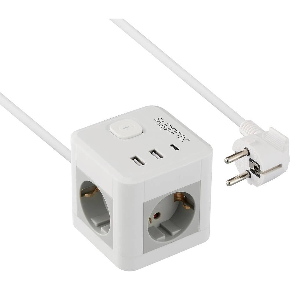 Sygonix SY-6903360 Steckdosenwürfel 3fach Weiß, Grau Schutzkontakt 1 St. Steckdosenleiste, mit Schalter, mit USB, mit USB-C®