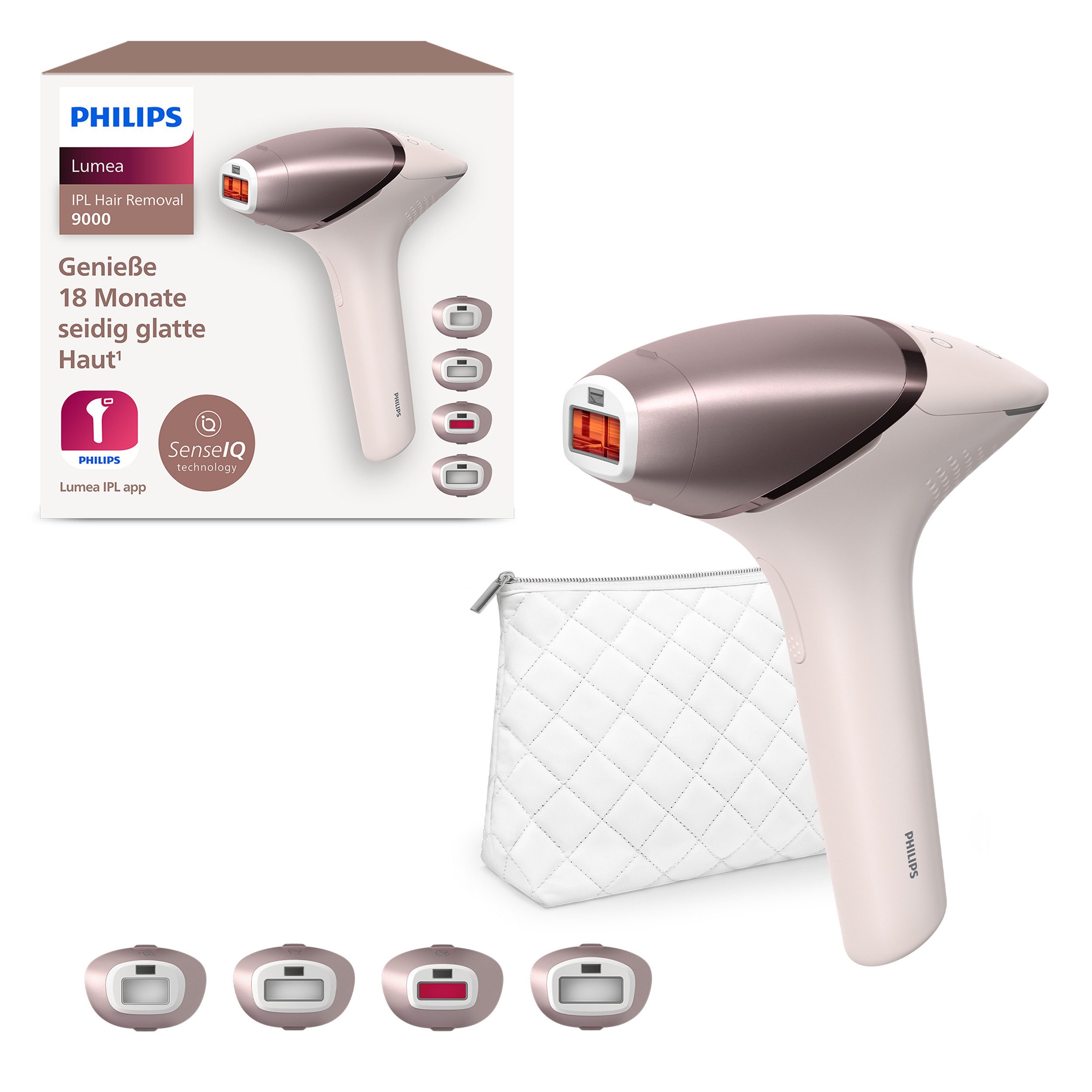 Philips IPL-Haarentferner Lumea S9000 BRI958/00, 450.000 Lichtimpulse, 4 Aufsätze (Achseln, Bikinizone, Körper und Gesicht), kabellos