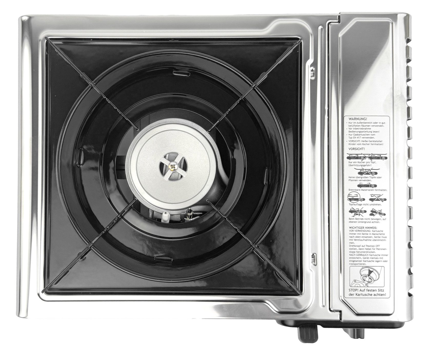 GARDINGER Gaskocher Campingkocher Safety Camp Allgas Piezo Zündsicherung vier Kartuschen, (Allgas-Adapterschlauch), Zündsicherung, Windschutz