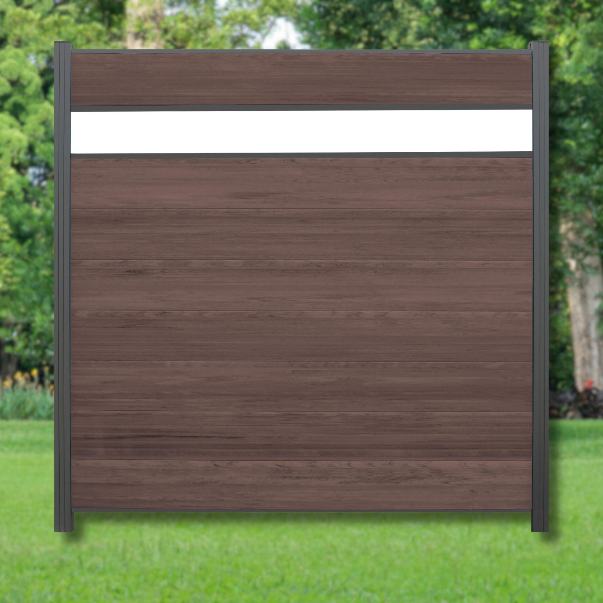 WPC Profi Zaun Komplettset Choco anthrazit Sichtschutz Dekor Glas 180x180cm, (Komplettset, mit Start- und Abschlussleisten, Pfosten und Zubehör)