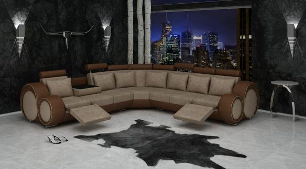 Ecksofa Designer Leder Sofa in Braun und Beige mit Boxspring-Polsterung