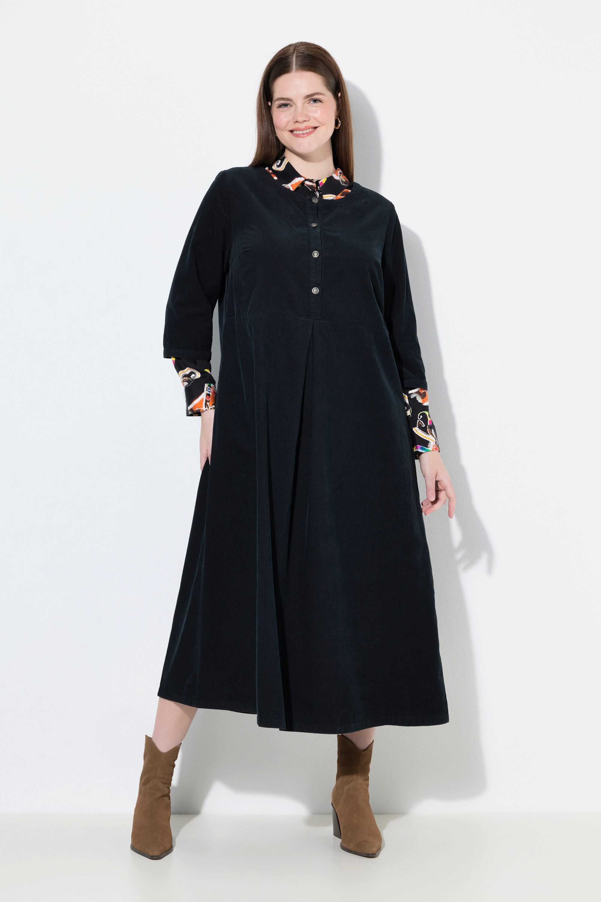 Ulla Popken Midikleid Cord-Maxikleid Rundhals Zierfalte günstig online kaufen