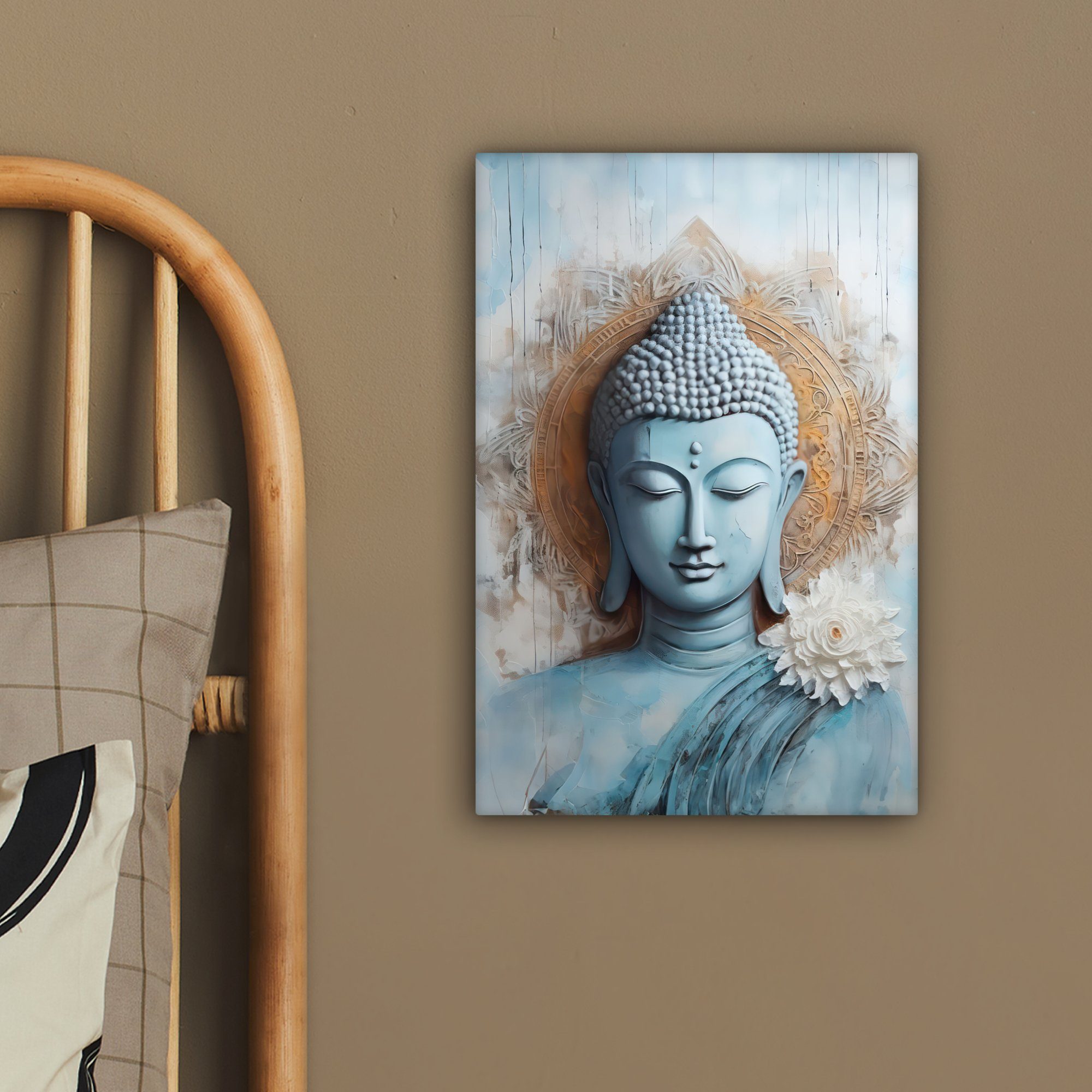 OneMillionCanvasses® Leinwandbild Buddha - Statue - Blau - Braun - Blume, Fotodruck (1 St), Leinwand Canvas Wandbild, Wanddekoration 20x30 cm – Bild 4 von 5