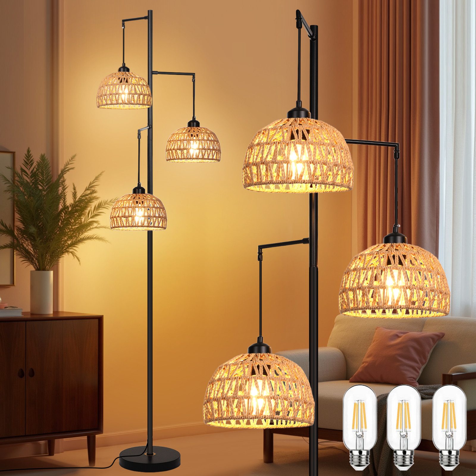 MUPOO Stehlampe LED Stehlampe,Rattan Boho LED günstig online kaufen