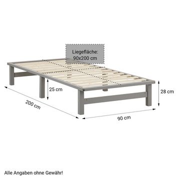 Homestyle4u Holzbett Einzebett 90x200 inkl. Lattenrost und 2xBettkasten Palettenbett Grau