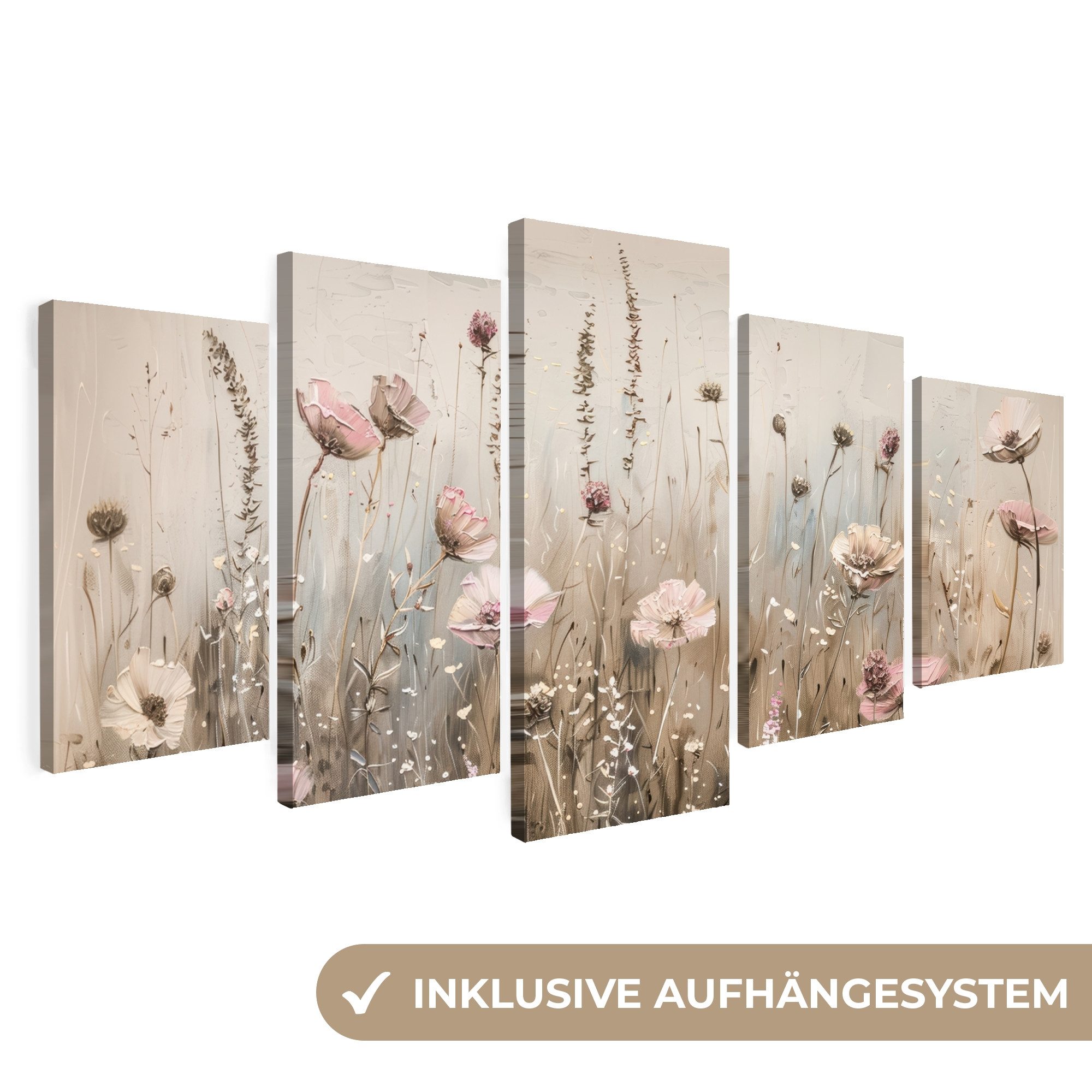 MuchoWow Leinwandbild Blumen - Beige - Modern - Rosa, Fotodruck (5 St), Wan günstig online kaufen