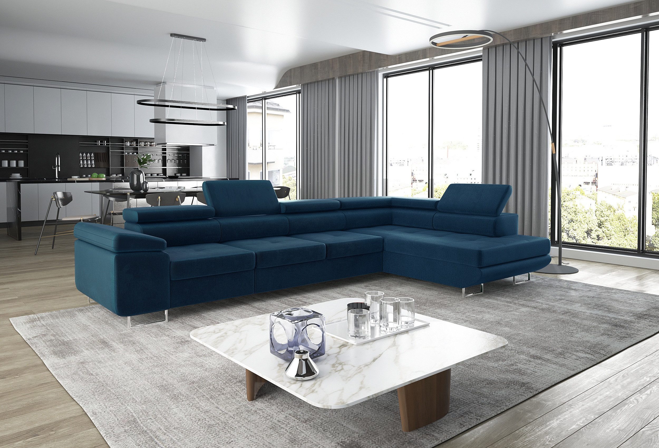 thematys Ecksofa ASTON LONG 355 x 204cm mit Schlaffunktion & Bettkasten – L-Sofa, mit 4 verstellbaren Kopfstützen, Cord (Poso) oder Samt (Monolith), - XXL Wohnlandschaft im modernen Design