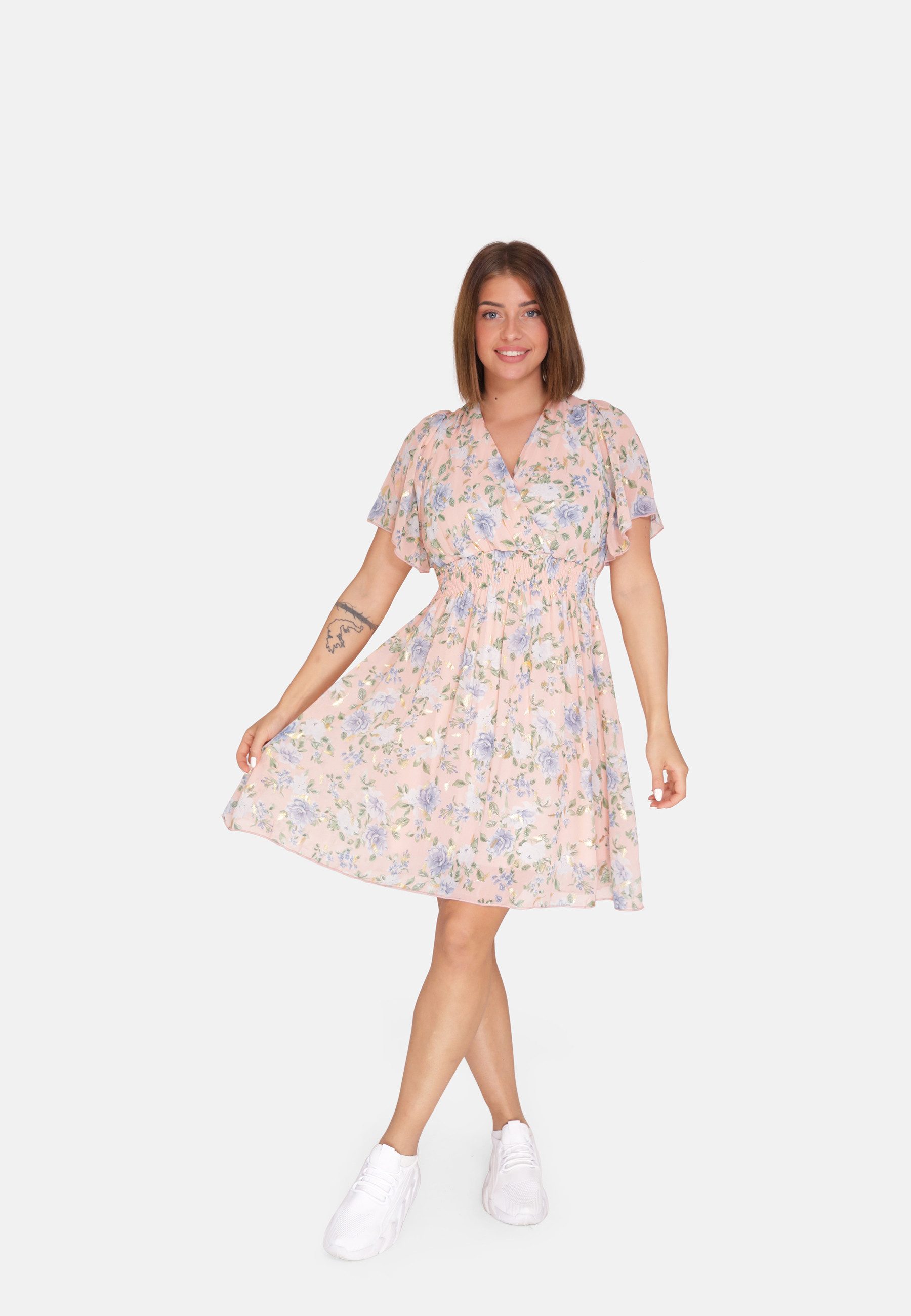Elara Sommerkleid Damen Chiffonkleid mit Blumenmuster – Sommerkleid mit Volantärmeln mit Muster