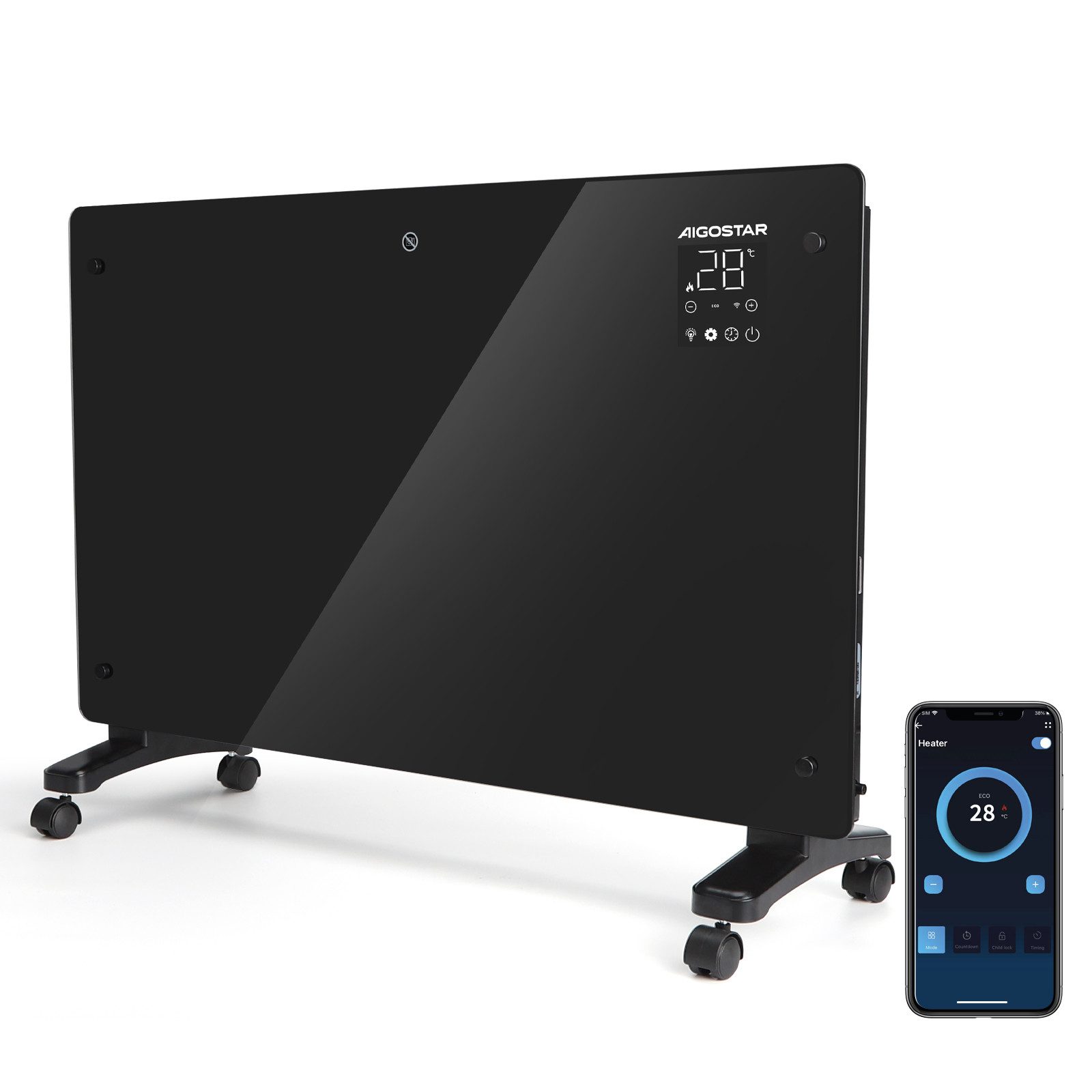 Aigostar Тепловентиляторы 2000W Elektroheizung, Glas/Konvektor, Touchscreen, WiFi, Timer, ECO