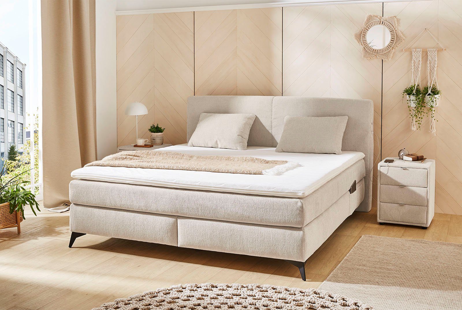 div. Kira, 7-Zonen-Matr., LED-Bel., Topper, beige USB-Ladeports, Boxspringbett Härtegrade inkl. Gruppe Jockenhöfer 444/17