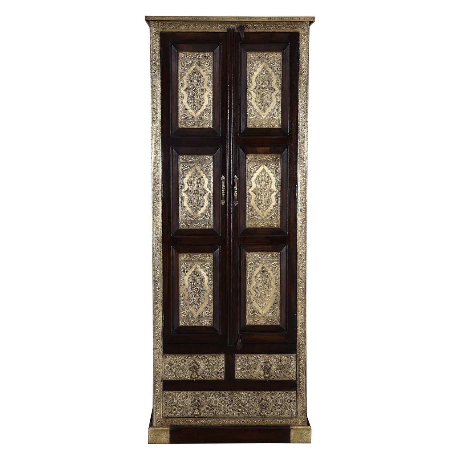 Casa Moro Kleiderschrank Orientalischer Schrank Balin aus Massivholz und Messing (Drehtürenschrank mit Messing verziert in Gold Braun, 1-St) Vintage Kleiderschrank 80x52x205 (B/T/H), MA27-320