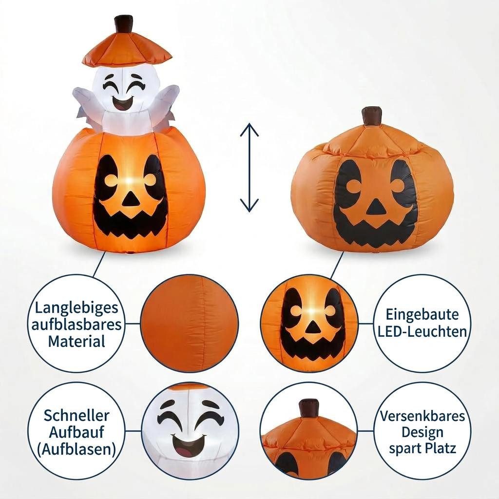 GarveeMore LED-Dekofigur 150 cm Aufblasbarer Halloween-Kürbis mit Geist, LED-Beleuchtung, 150 cm, aufblasbar, Kürbis, Geist-Animation, LED, selbstaufblasend – Bild 3 von 5