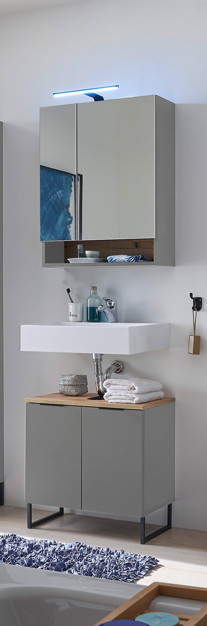 BEGA BBK Badezimmer-Set (2-tlg) in grau matt / Evoke Eiche Dekor - 60x195x35 (BxHxT), (2-tlg., bestehend aus: Waschbeckenunterschrank,Spiegelschrank)