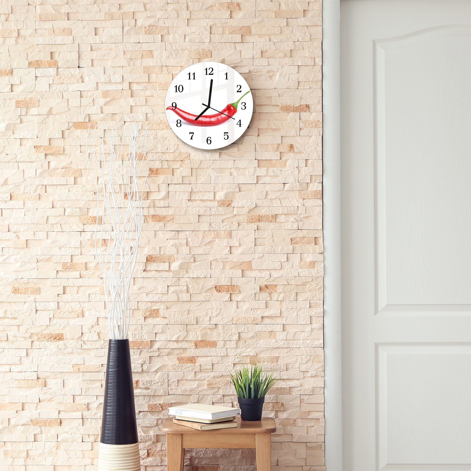 Primedeco Wanduhr Wanduhr und cm aus Glas weissem mit Hintergrund Motiv Rund auf Quarzuhrwerk Chili Durchmesser - mit 30