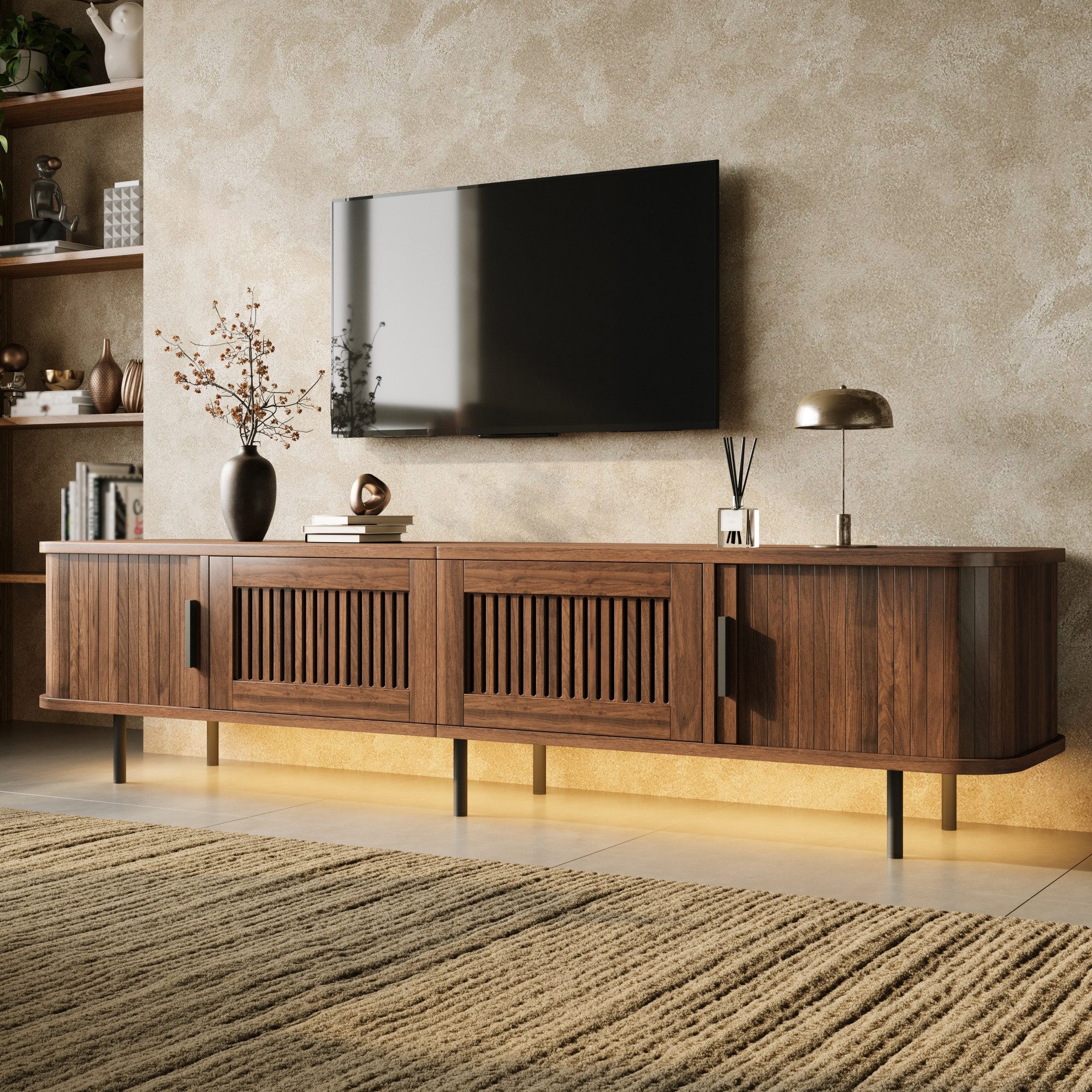 Merax Lowboard mit LED-Beleuchtung, abgerundete Fernsehbank mit Kabelmanagement (180 x 40 x 44,5 cm (L x B x H), 1 St), TV-Schrank mit 2 Gitteroptik-Schubladen, 2 Schiebetüren & Eisenfüßen