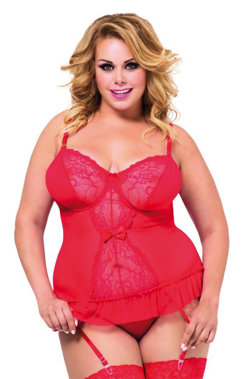 Softline Set: Dekolleté-BH Rotes erotisches Straps Korsett Plus Size transparent dehnbar mit Stru
