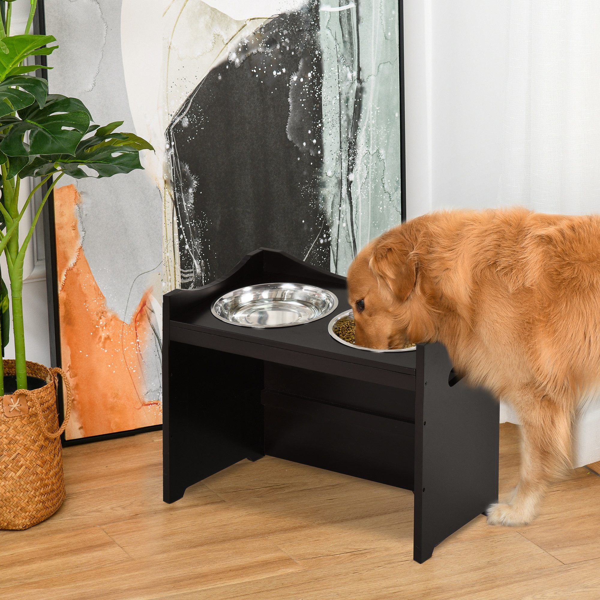 PawHut Futternapf Erhöhter Hundenapf Höhenverstellbar mit Ständer Wassernapf, Edelstahl, L54 × B31.5 × H47 cm, Kaffee von PawHut