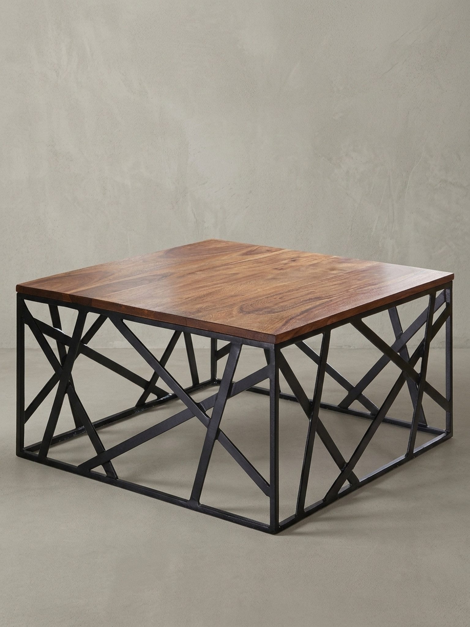 KADIMA DESIGN Couchtisch Couchtisch BAKAL 60x35x60 cm Massivholz / Metall Sofatisch Holztisch (Designer Kaffeetisch massiv, Tisch quadratisch), Design Wohnzimmertisch Industrial Style, Stubentisch Braun / Schwarz