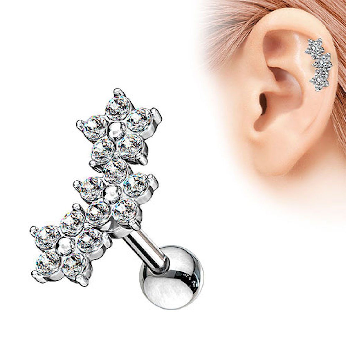 Taffstyle Piercing-Set Tragus Ohr Piercing Stecker mit 3 Kristall Blumen, Chirurgenstahl Helix Tragus Ohrpiercing Cartilage Stab Barbell Kugel Clear