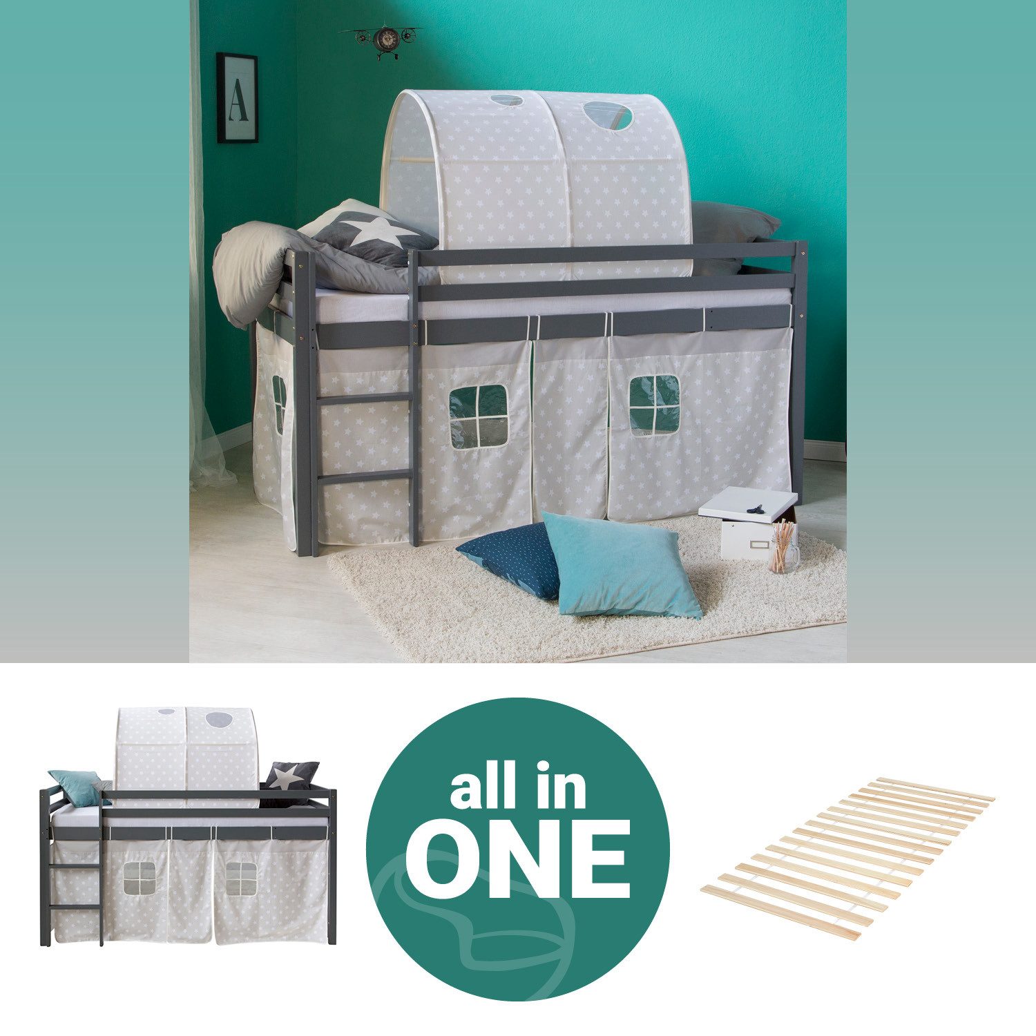 Homestyle4u Kinderhochbett 90x200 Grau mit Lattenrost 2778 günstig online kaufen