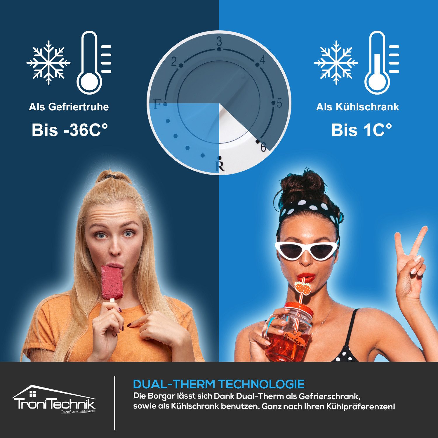 TroniTechnik Gefriertruhe Einstellbarer Temperaturregler, kühlen und gefrieren BORGAR 210 PRO, 90.5 cm breit, 202 l, inkl. Dual Thermostat, LED Licht, Griff, Schloss, Rollen, Einlegekorb