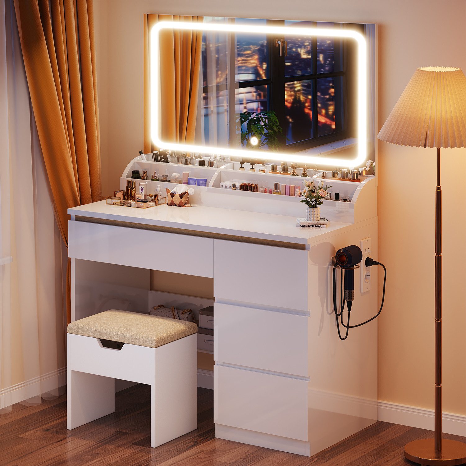 HOMALL Schminktisch Schminktisch mit 80 cm Spiegel und LED-Beleuchtung (Abmessungen: 80 × 40 × 137 cm Mit vier Schubladen und sechs Staufächern Drei einstellbare Farbtemperaturen Zwei USB-Ladeanschlüsse, zwei Netzsteckdosen und eine Halterung für einen Haartrockner)
