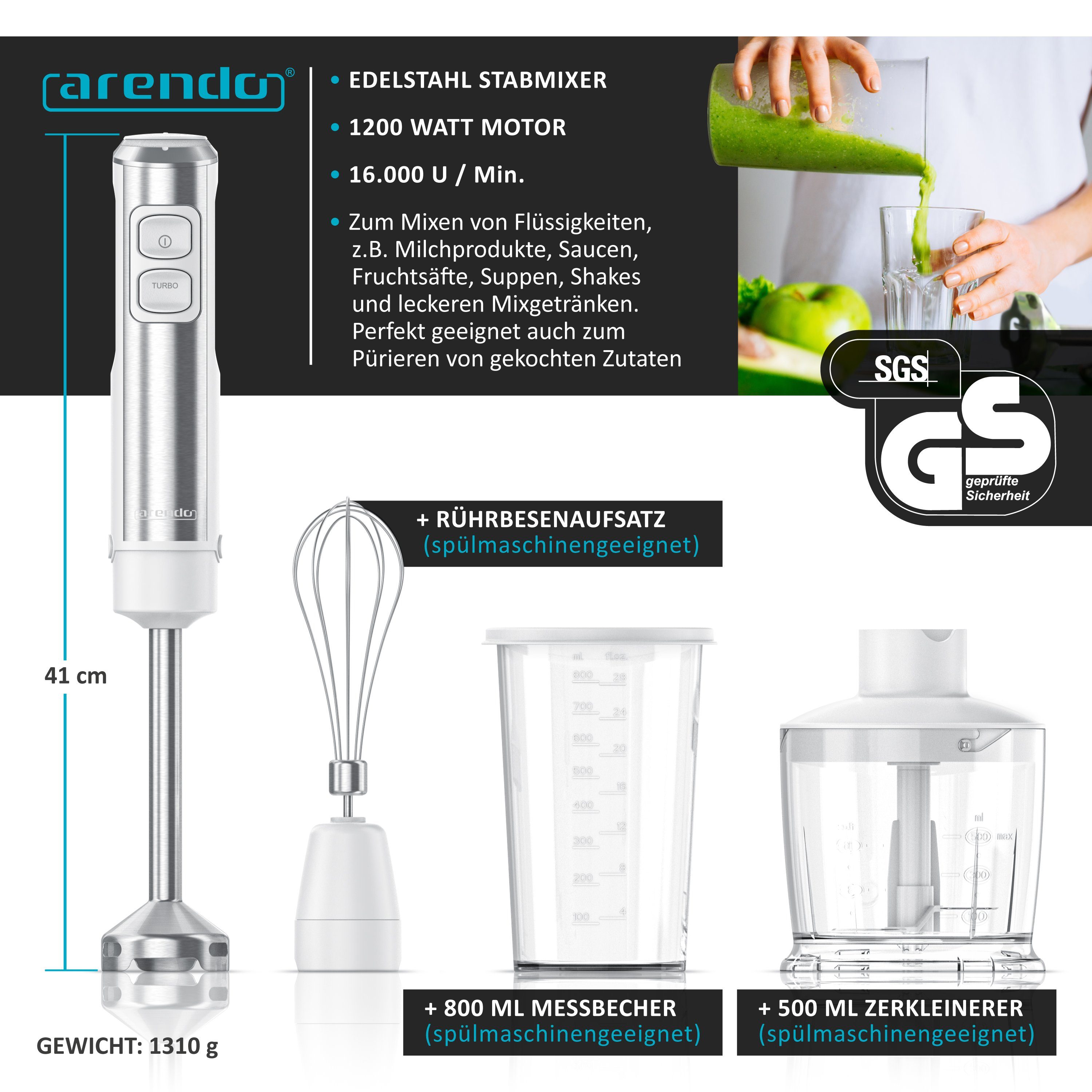 Arendo Stabmixer Edelstahl Pürierstab Set mit Zerkleinerer & Messbecher, Handmixer, 1200 W, 2 Geschwindigkeitsstufen, 4-Klingen, einfache Reinigung, DC Motor