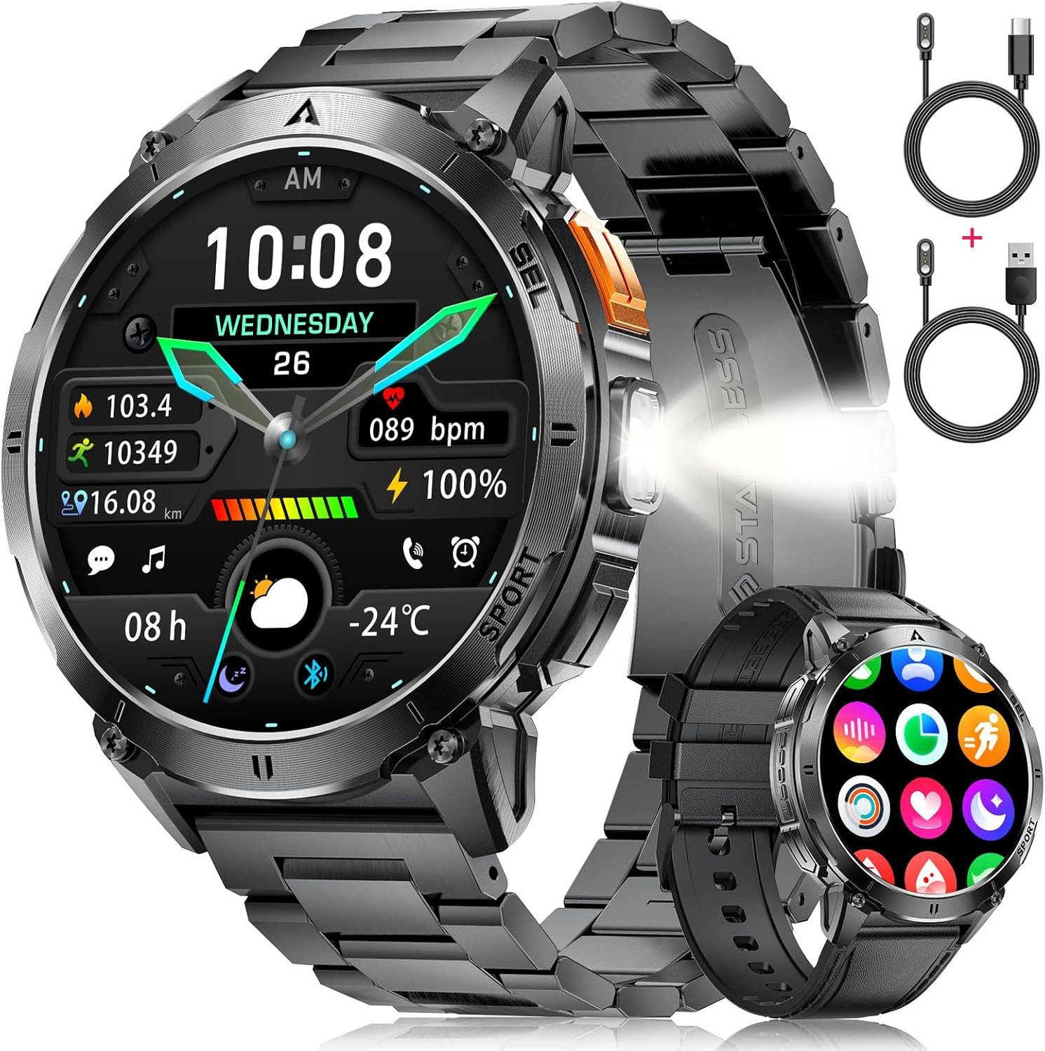 Lige LED-Licht Telefonfunktion Fitness Tracker; Herren's Robust premium Smartwatch (4,1 cm/1,62 Zoll, Android iOS), mit 110+ Sportmodi,Herz-/Schlaftracking IP68 wasserdicht sportuhr