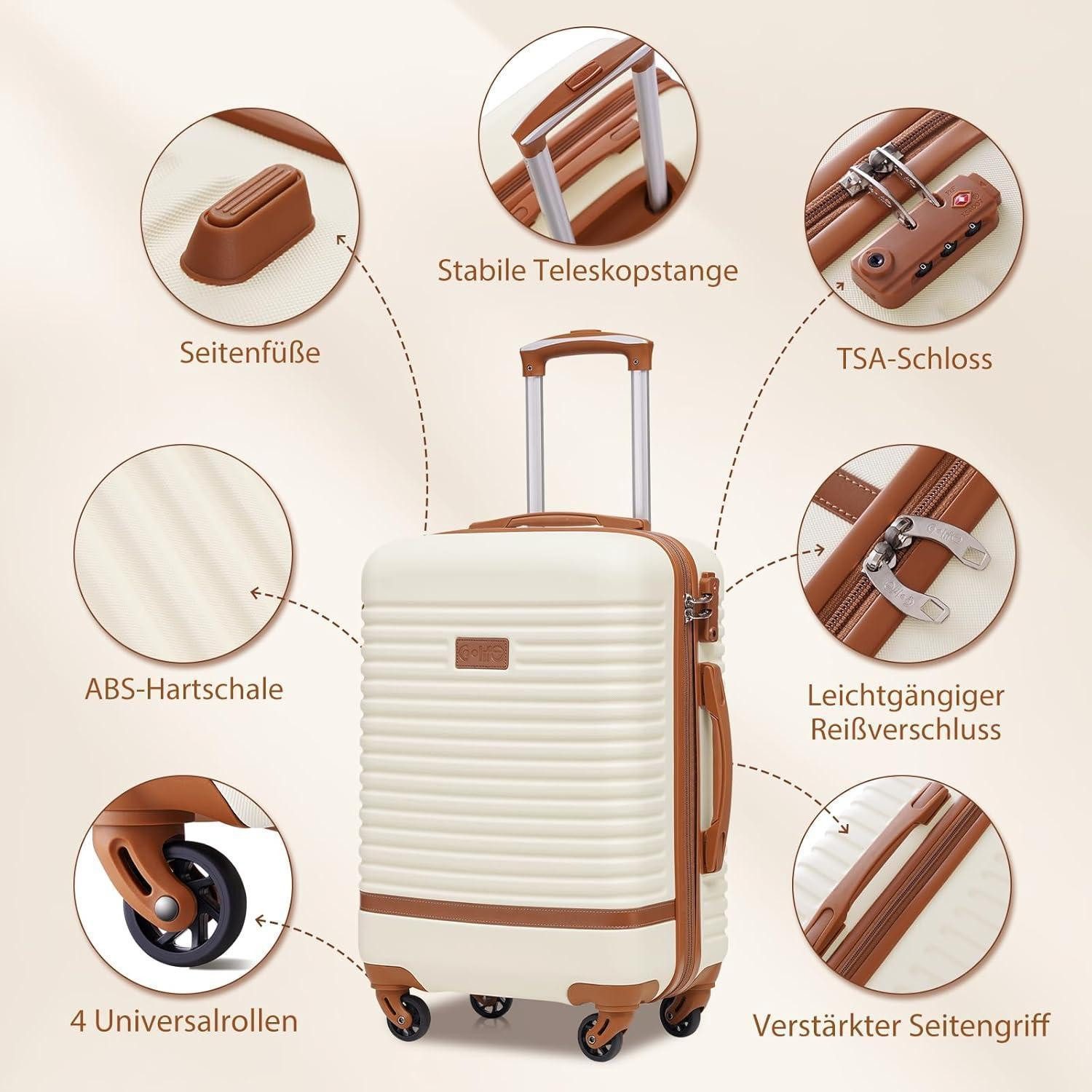 LuxusKollektion Kofferset Koffer-Set 5tlg ABS Hartschale 4 Rollen TSA-Schloss Weiß/Braun