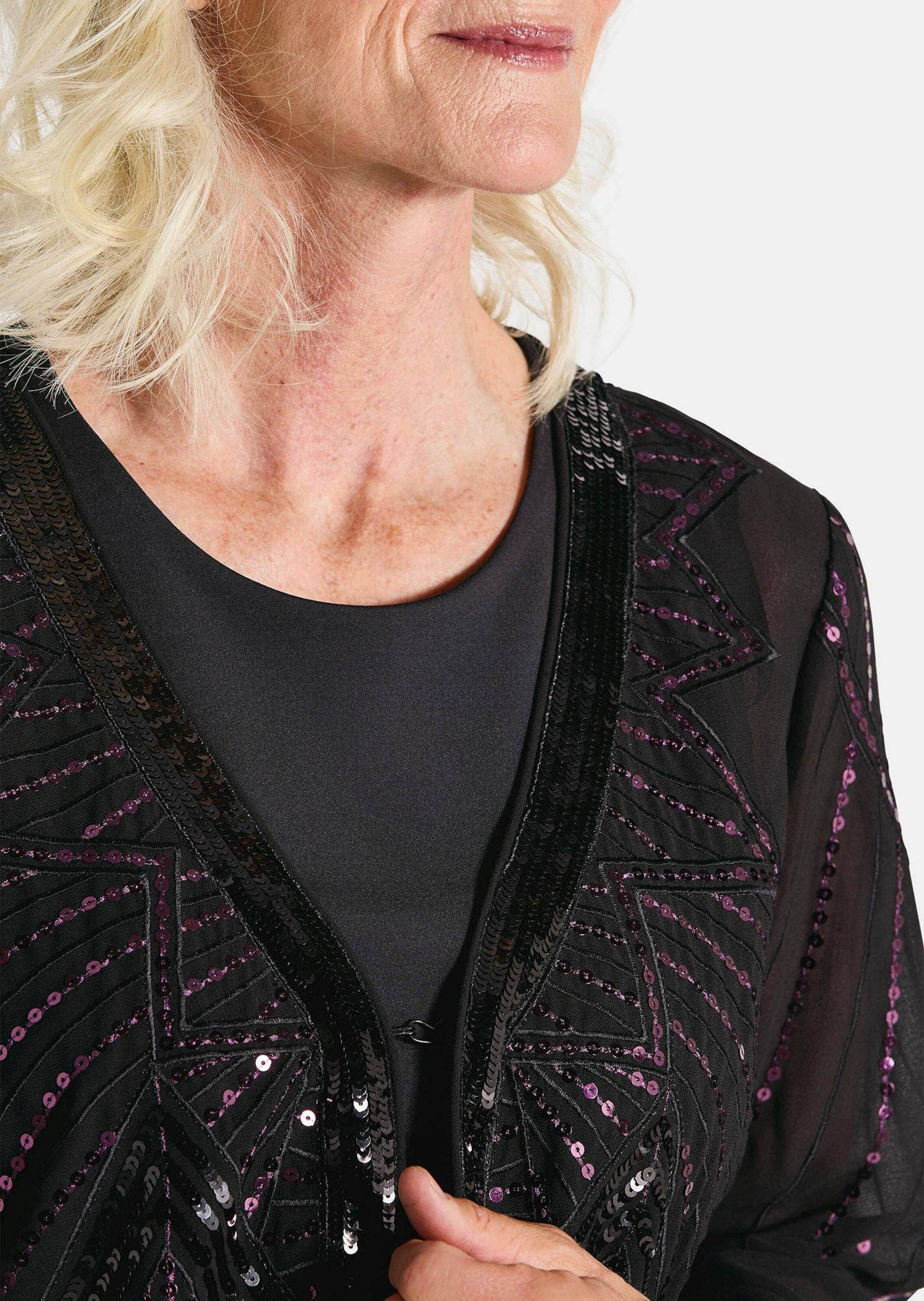 GOLDNER Chiffonbluse Edle Pailletten-Jacke mit V-Ausschnitt Blusenjacke mit grafischem Muster, Häkchenverschluss und Langarm