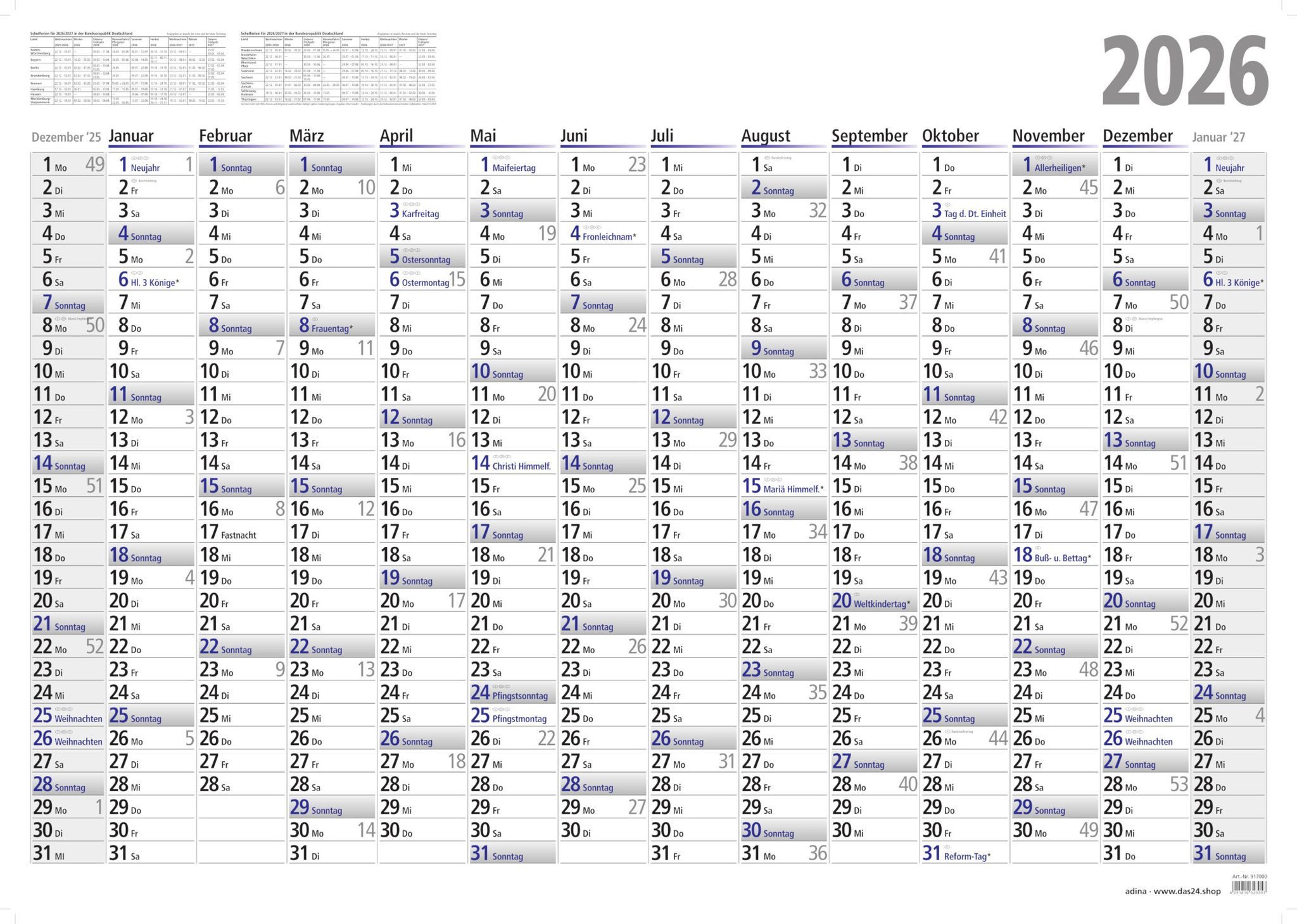 ADINA Wandkalender 2026 ADINA Plakatkalender Wandkalender A1 84x60cm Lieferung: gefaltet