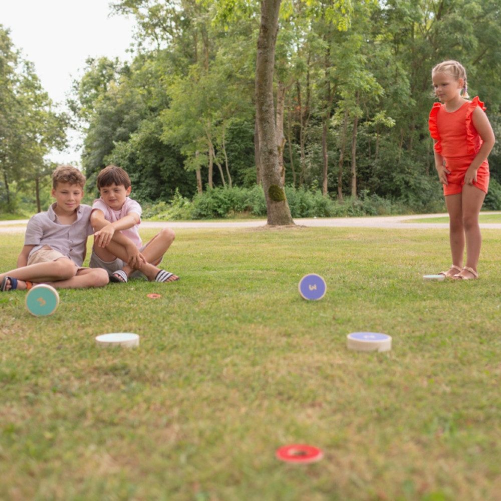 BS Toys Spielzeug-Gartenset Roll-it Outdoor-Wurfspiel, Boccia Gartenspiel, (6-tlg., Scheiben (3x lila, 3x blau mit Ø 12 cm), 4x Zielmarker (rot, Ø 7 cm), lustiges Gruppenspiel für Kinder im Park, Boccia/Boule meets Bowling