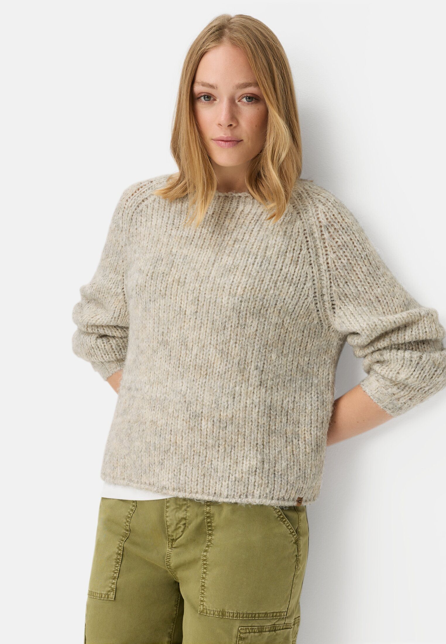 camel active Strickpullover Strickpullover mit Rundhalsausschnitt Langarm Markenlabel