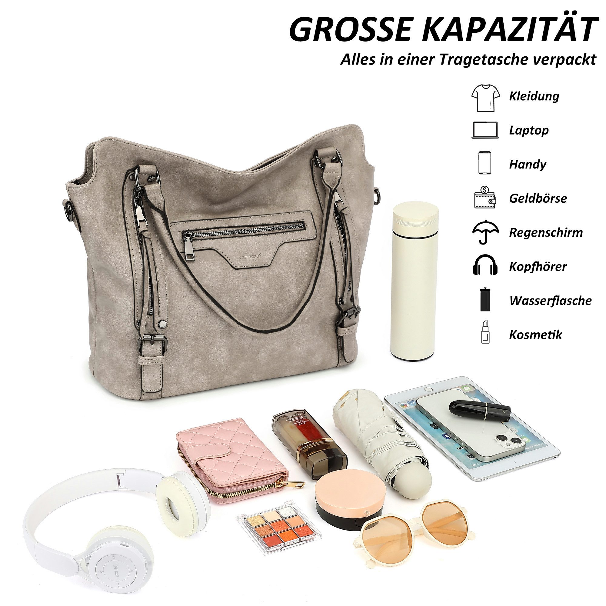 TAN.TOMI Handtasche Damen Shopper - Set Schultertasche Henkeltasche Umhängetasche, Mit abnehmbarem Schultergurt für Büro Schule Einkauf Reise – Bild 4 von 5