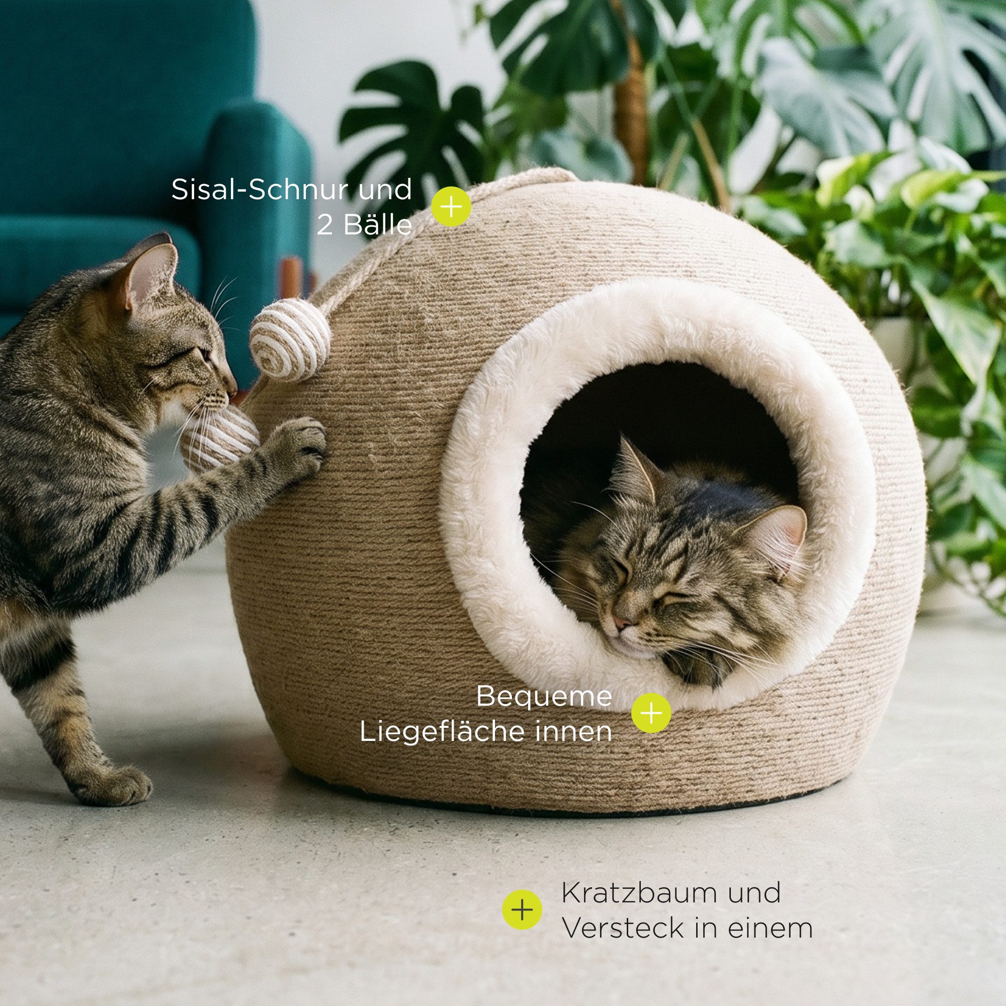 Peluvio Kratzbaum-Liegemulde FLURBY, Sisal/Katzenhöhle/2 Bälle/rutschfeste Basis