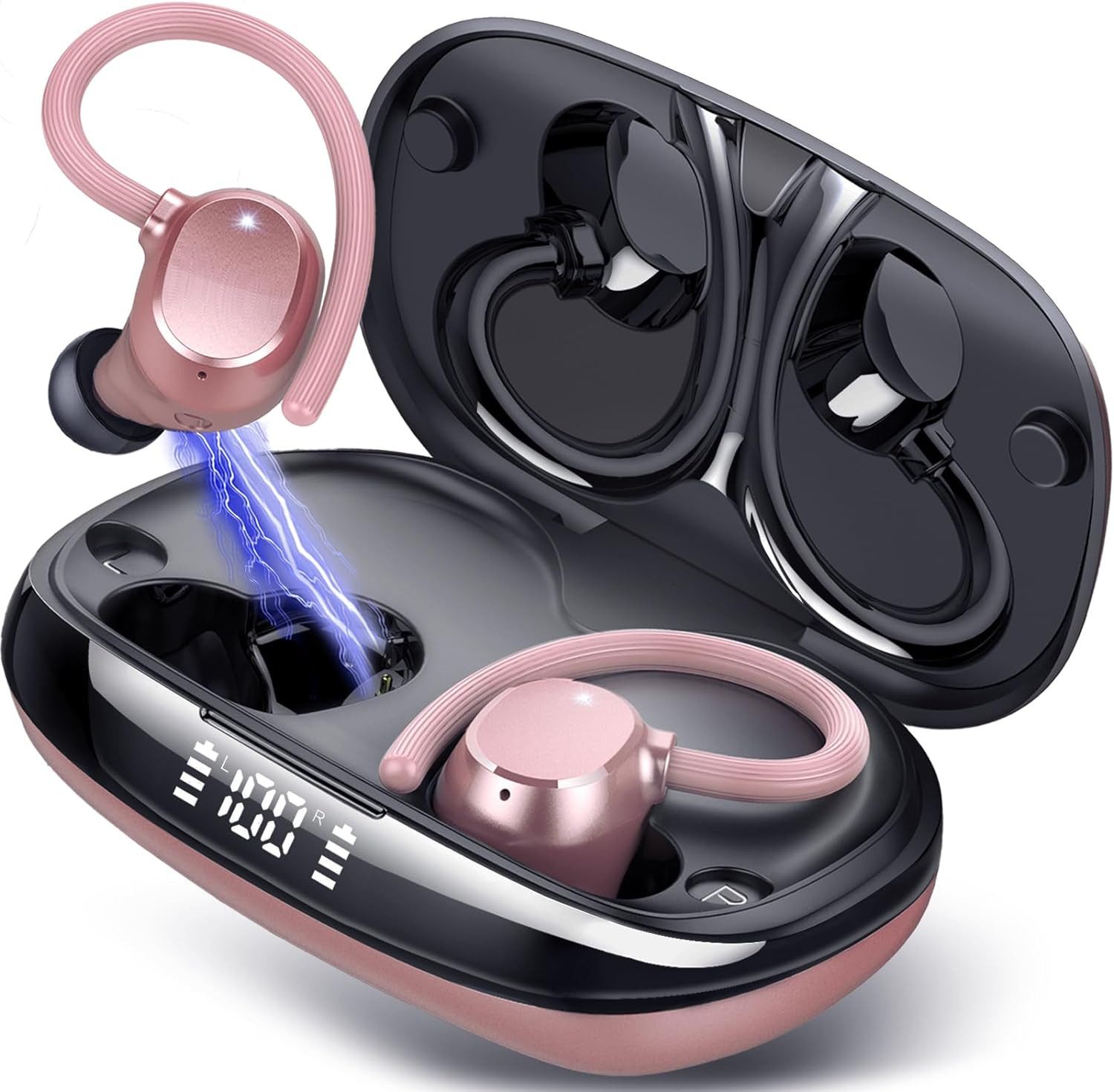 Tukio Kabellos Bluetooth 5.3, 80Std Spielzeit mit Tiefer Bass, In-Ear-Kopfhörer (Sportkopfhörer mit Hi-Fi-Audio und IP7-Wasserdichtigkeit für ein komfortables Hörerlebnis., mit 4 ENC Lärmreduzierung Mic, IP7 Wasserdicht Ohrhörer mit Ohrhaken)