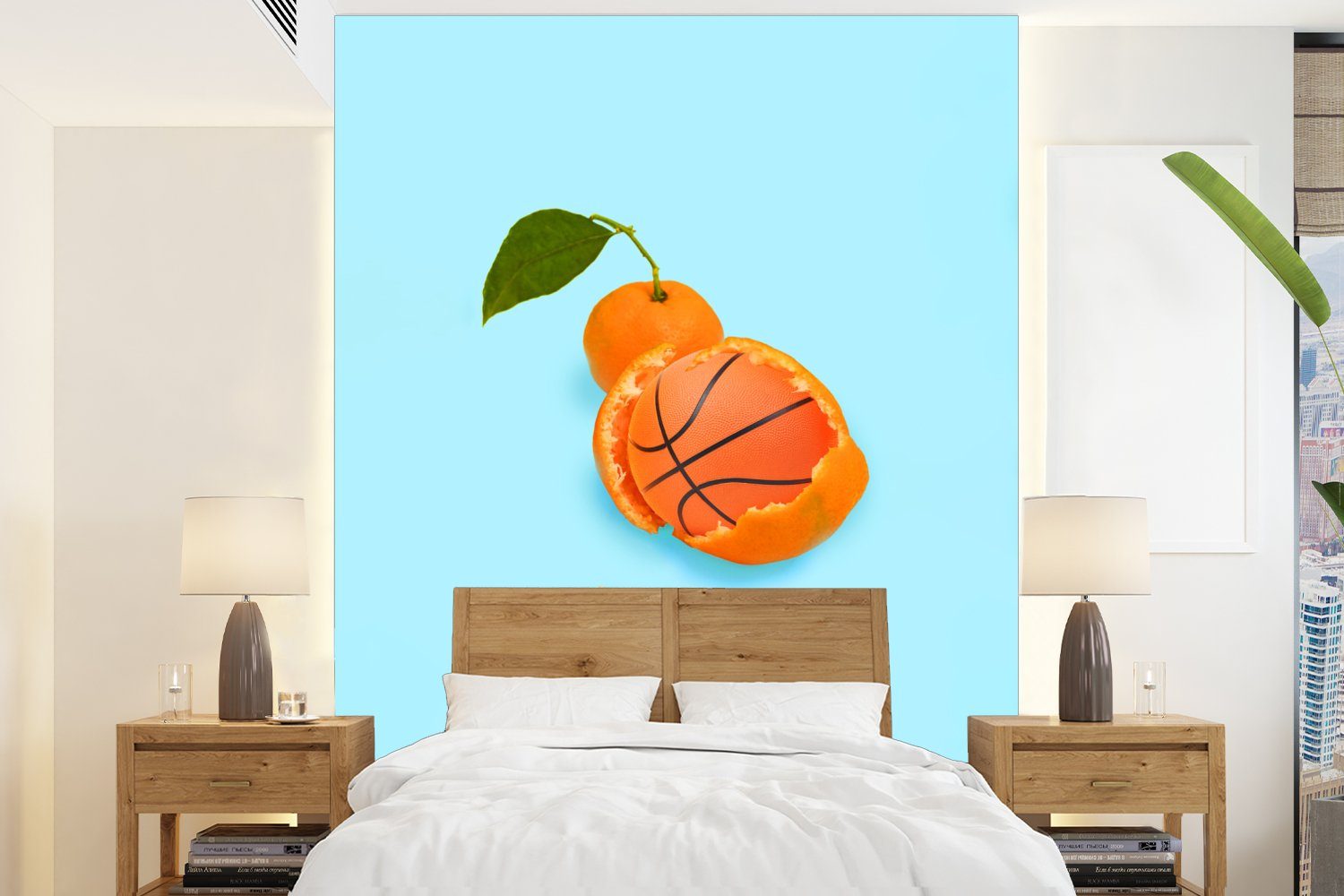 MuchoWow Fototapete Basketball - Orange - Obst - Orange - Blatt, Matt, bedruckt, (4 St), Montagefertig Vinyl Tapete für Wohnzimmer, Wandtapete | Fototapeten