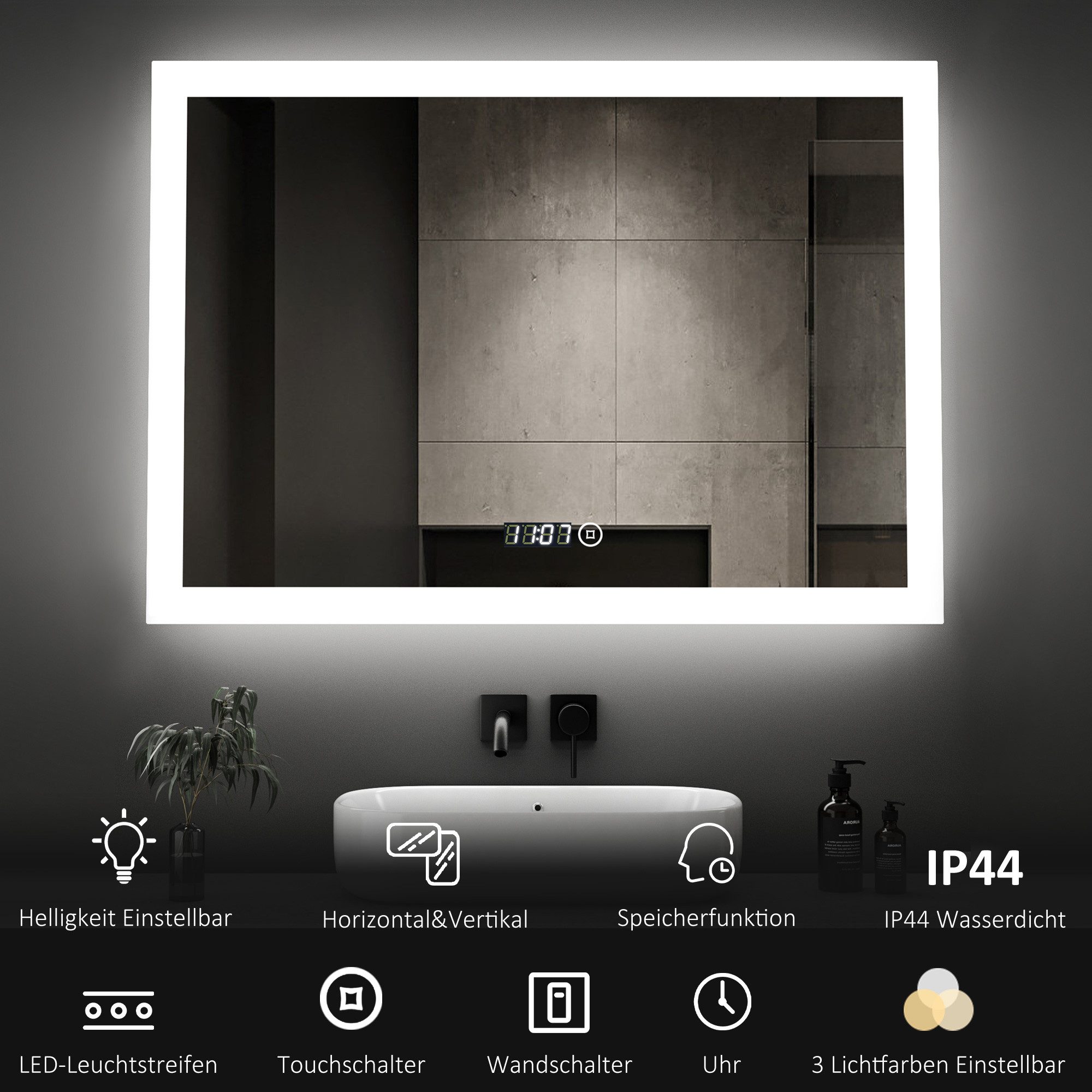 WDWRITTI Wandspiegel Led Badspiegel 80x60 mit Uhr 3Lichtfarben Dimmbar Spei günstig online kaufen